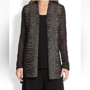 Eileen Fisher Sweater Linen/Wool Blend Lagenlook Cardigan Stripe Black  Large